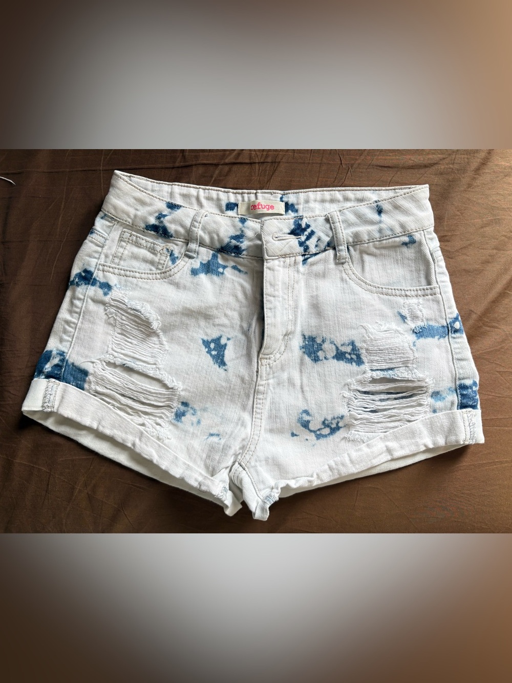 refuge White and Blue Tie-Dye Distressed High Waist Shorts